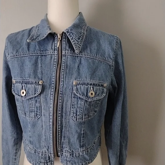 Vintage Express Cropped Waist Casual Long Sleeve Denim Zipper Jean Jacket - Picture 4 of 7